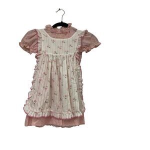 Vintage Youngland Girls Apron Dress Size 5 Pink Floral Puff Sleeve Cottagecore